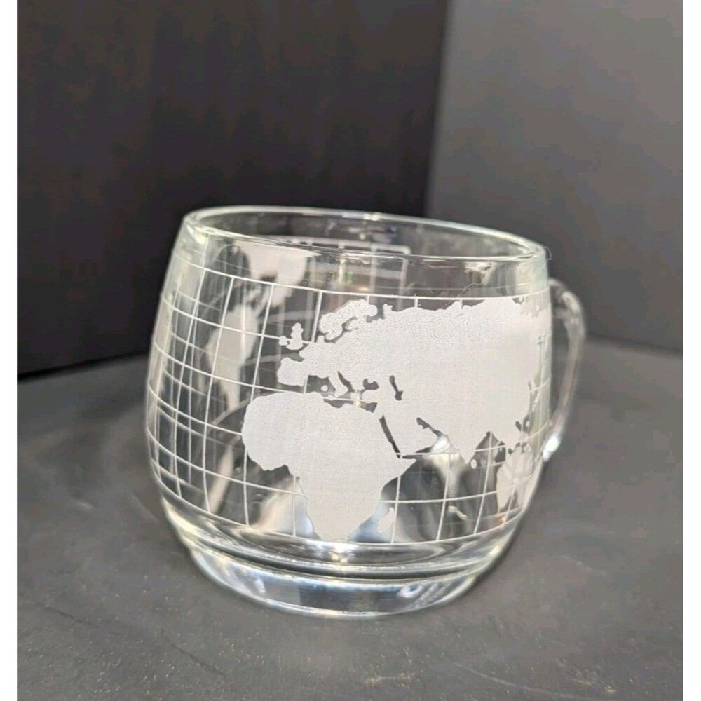 Vintage Nestle Clear Glass World Globe Coffee Mug Cup Etched Map 3" Pre-Owned